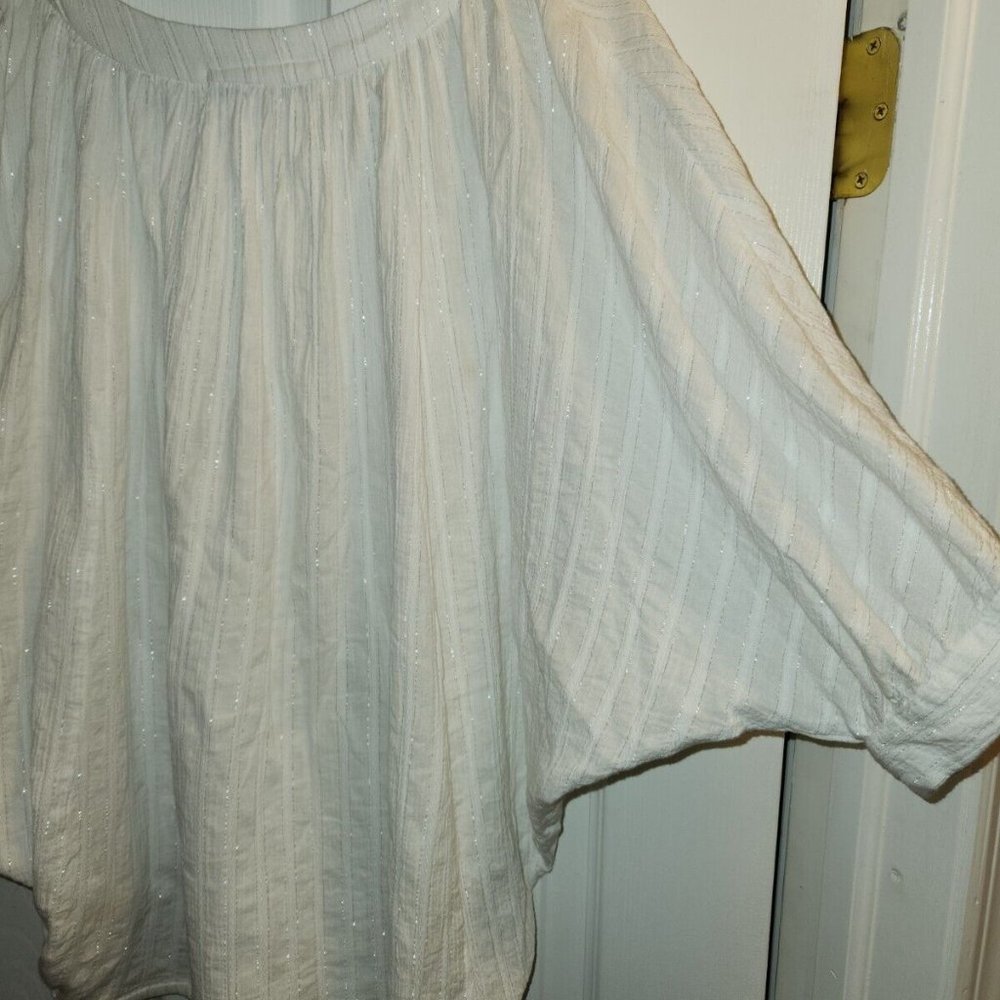 Trina Turk White Metallic Stripe Peasant Cotton Top Dolman Sleeve Pockets Size P - Picture 6 of 6